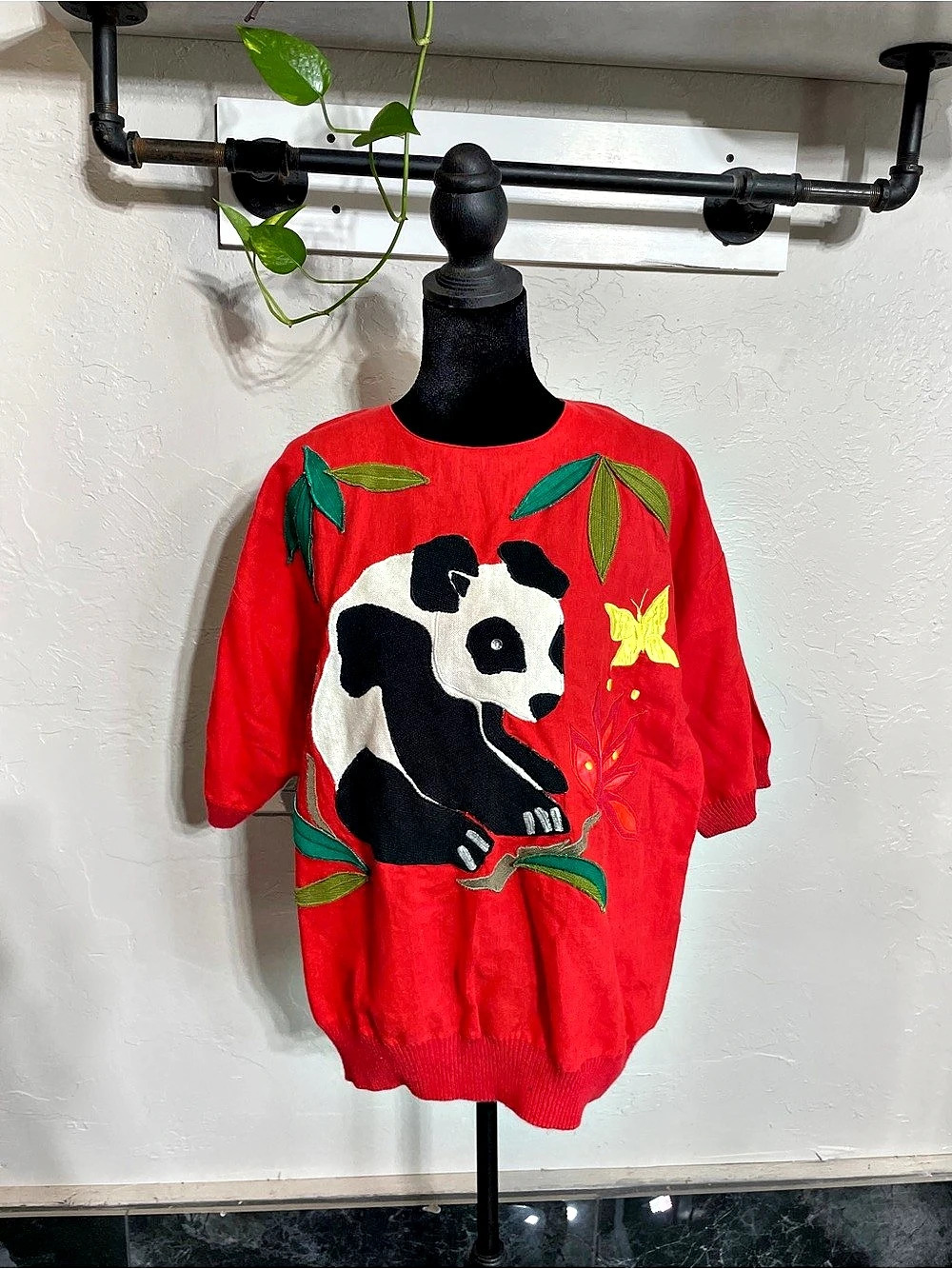 P'galli Vintage 3/4 Sleeve T-Shirt with Red Panda Print, Size L, Crew Neck